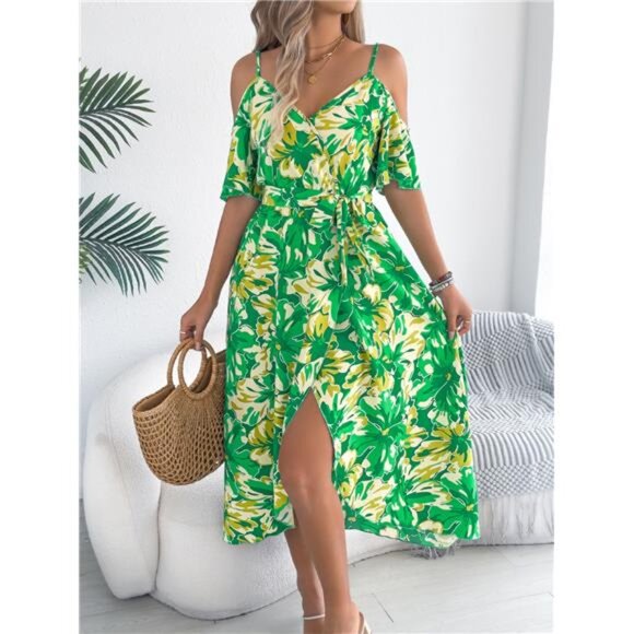 Printed Cold Shoulder Midi Cami Dress - Picture 11 of 15